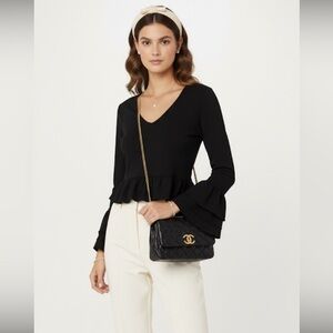 New Ruffle Trim Black Long Sleeve Top